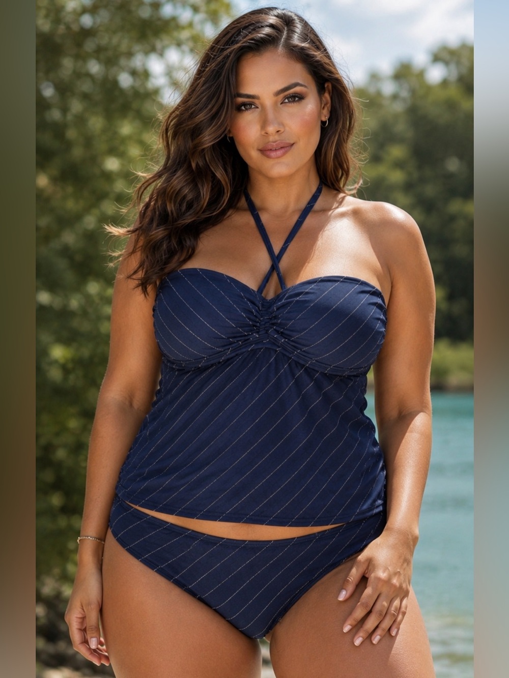 Isaac Mizrahi black Pinstripe Tankini Set XL Bustier‎ Chic Coastal bikini